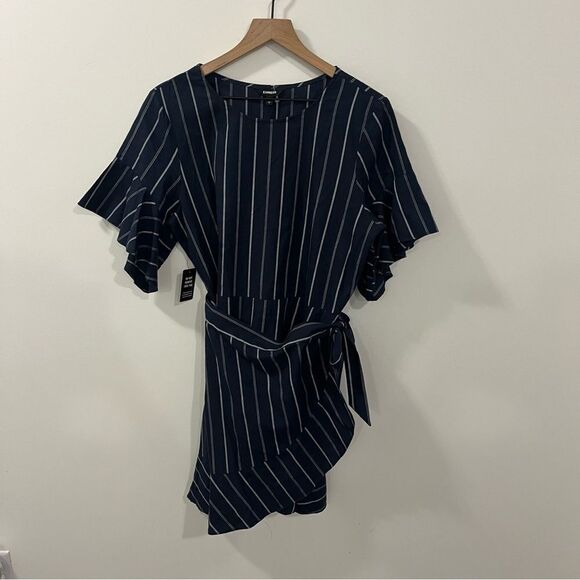 Express New, Ruffle Sleeve, Blue with White Stripe Size Large Wrap Dress - Picture 2 of 14